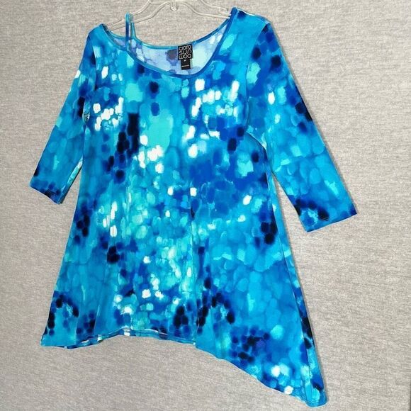 Clara Sun Woo Artsy Swing Tunic Womens XS Shades of Blue Asymmetric Cut Out Top - Picture 2 of 10